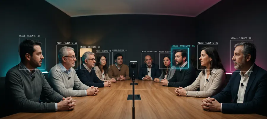 A long table with participants on both sides and the 360 camera in the middle.