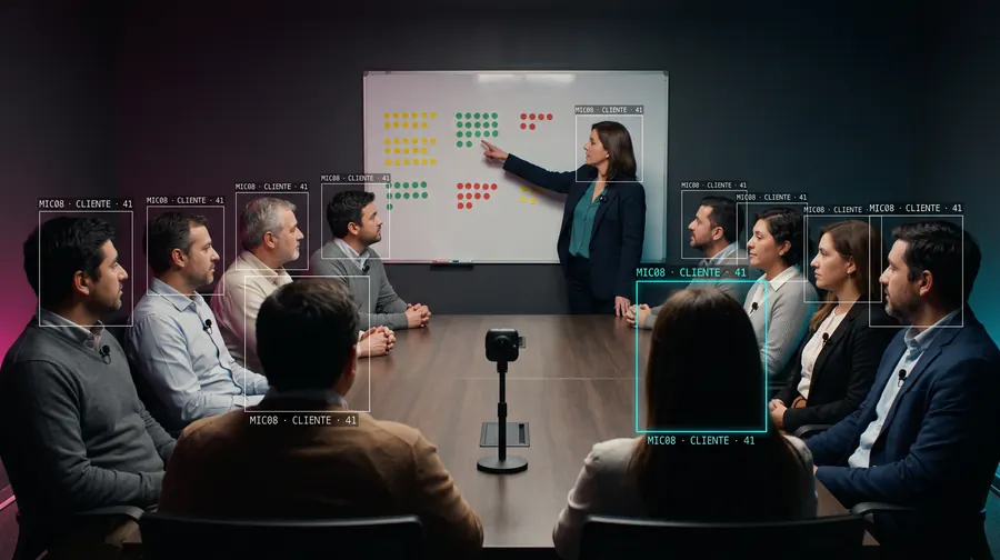 The moderator by a whiteboard with colored votes; participants watch from the table.