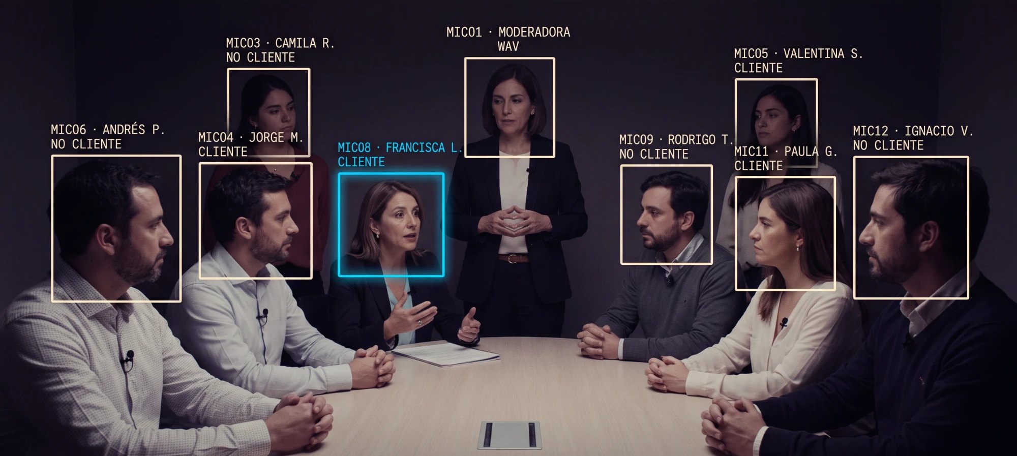 Sala de focus group en 360: nueve personas alrededor de una mesa, cada una con su caja, su micrófono y su perfil; la persona que habla, MIC08, marcada en cian